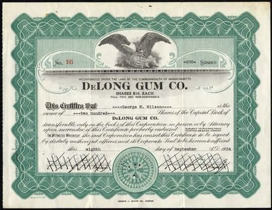 DeLong Gum Company Stock Certificate